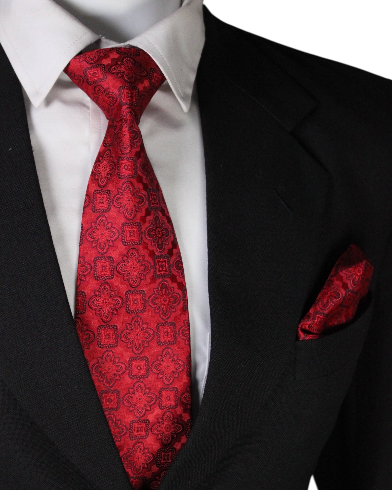 Crimson Red Floral Microsilk Tie & Pocket Square Set