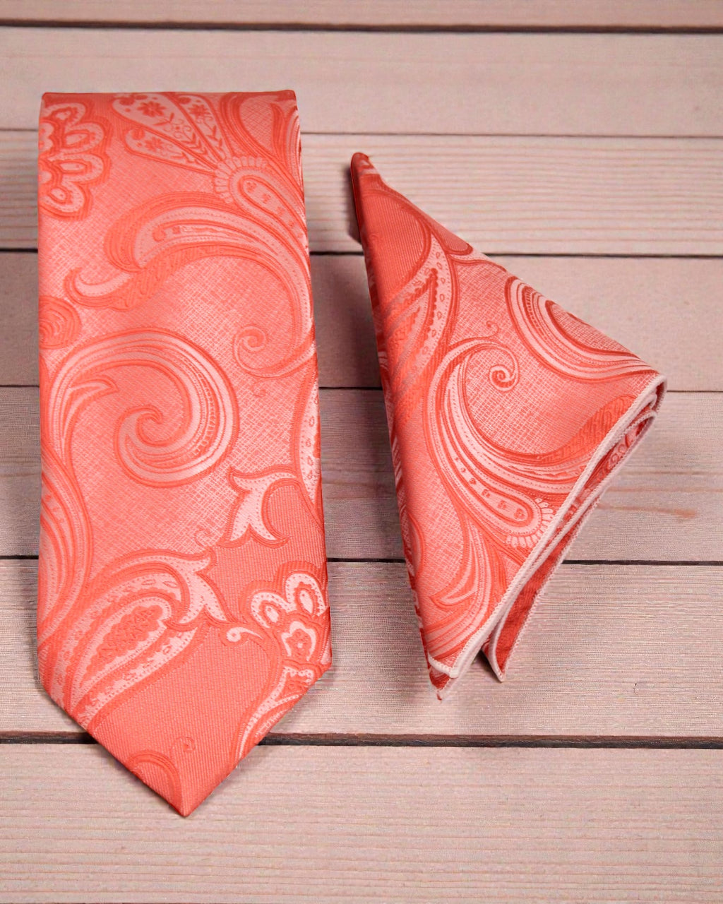 Peach Coral Paisley Microsilk Tie & Pocket Square Set