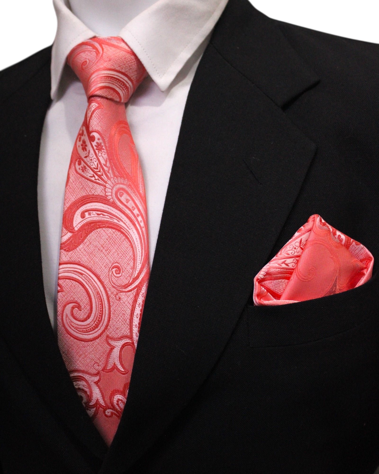 Peach Coral Paisley Microsilk Tie & Pocket Square Set