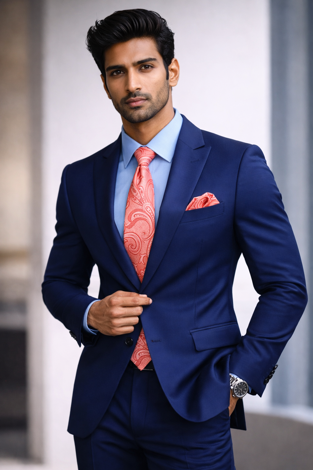 Man wearing a blue suit with a pink tie and pocket square, standing against a blurred indoor background.