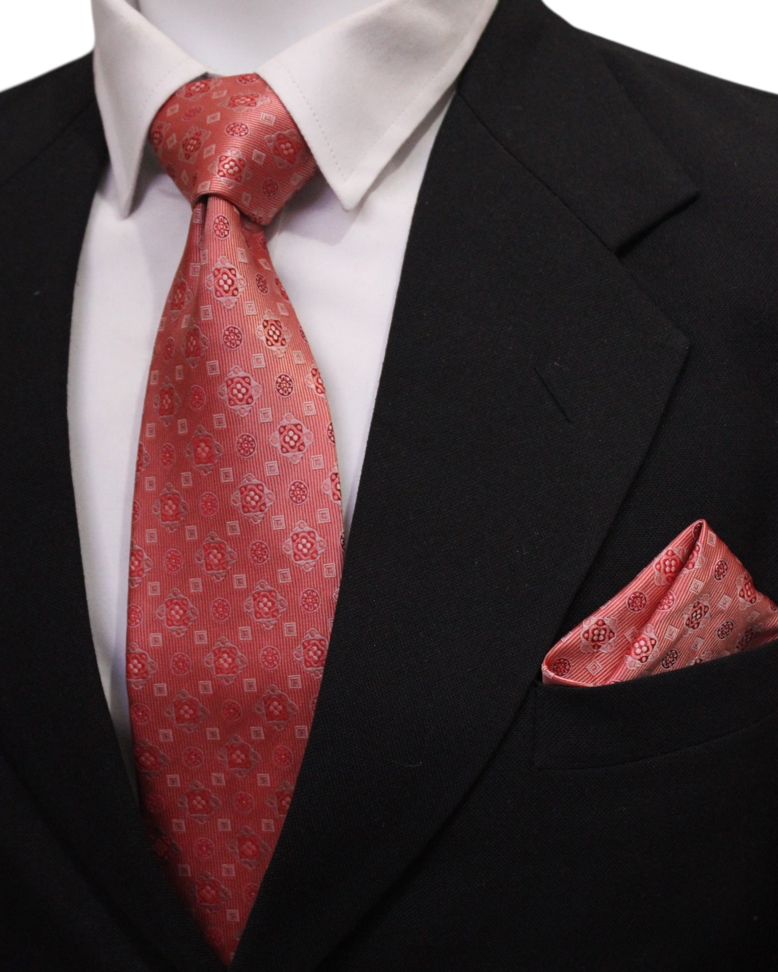 Coral Pink Geometric Microsilk Tie & Pocket Square Set