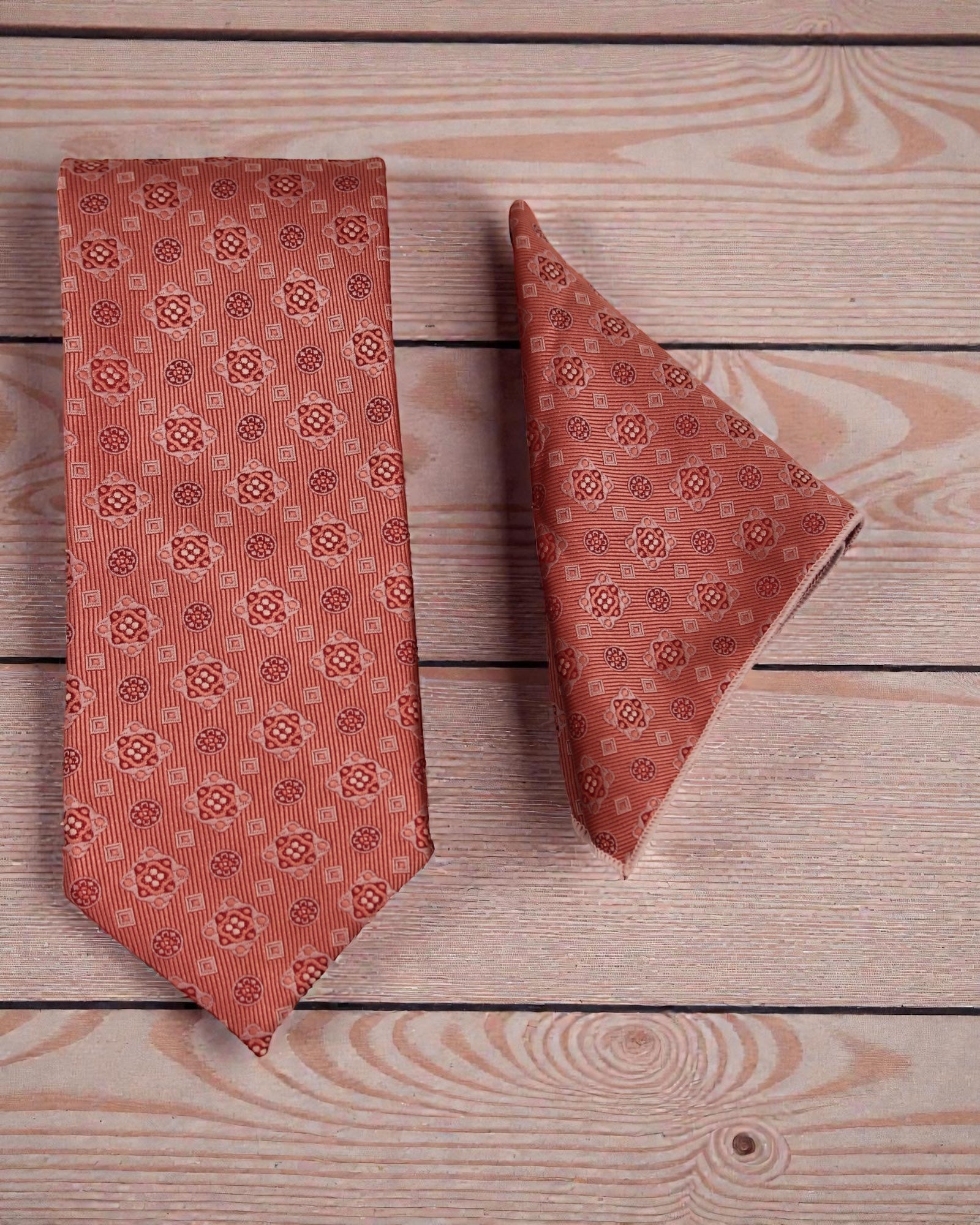 Coral Pink Geometric Microsilk Tie & Pocket Square Set