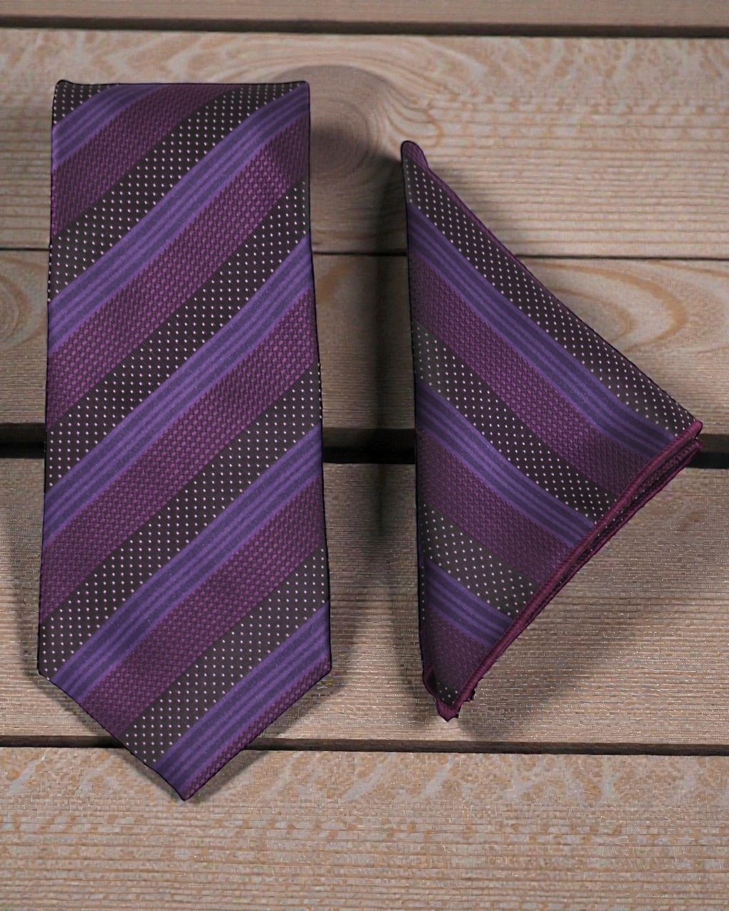 Black & Purple Striped Microsilk Tie & Pocket Square Set