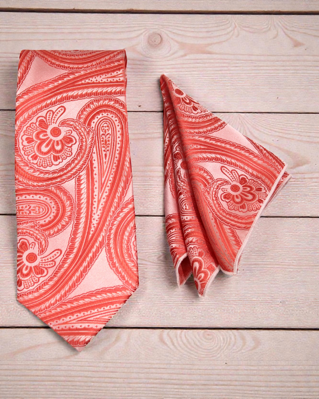 Coral Peach Paisley Microsilk Tie & Pocket Square Set