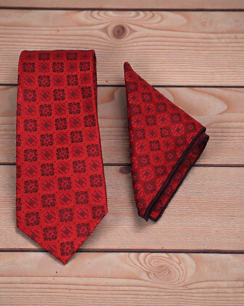 Crimson Red Medallion Microsilk Tie & Pocket Square Set