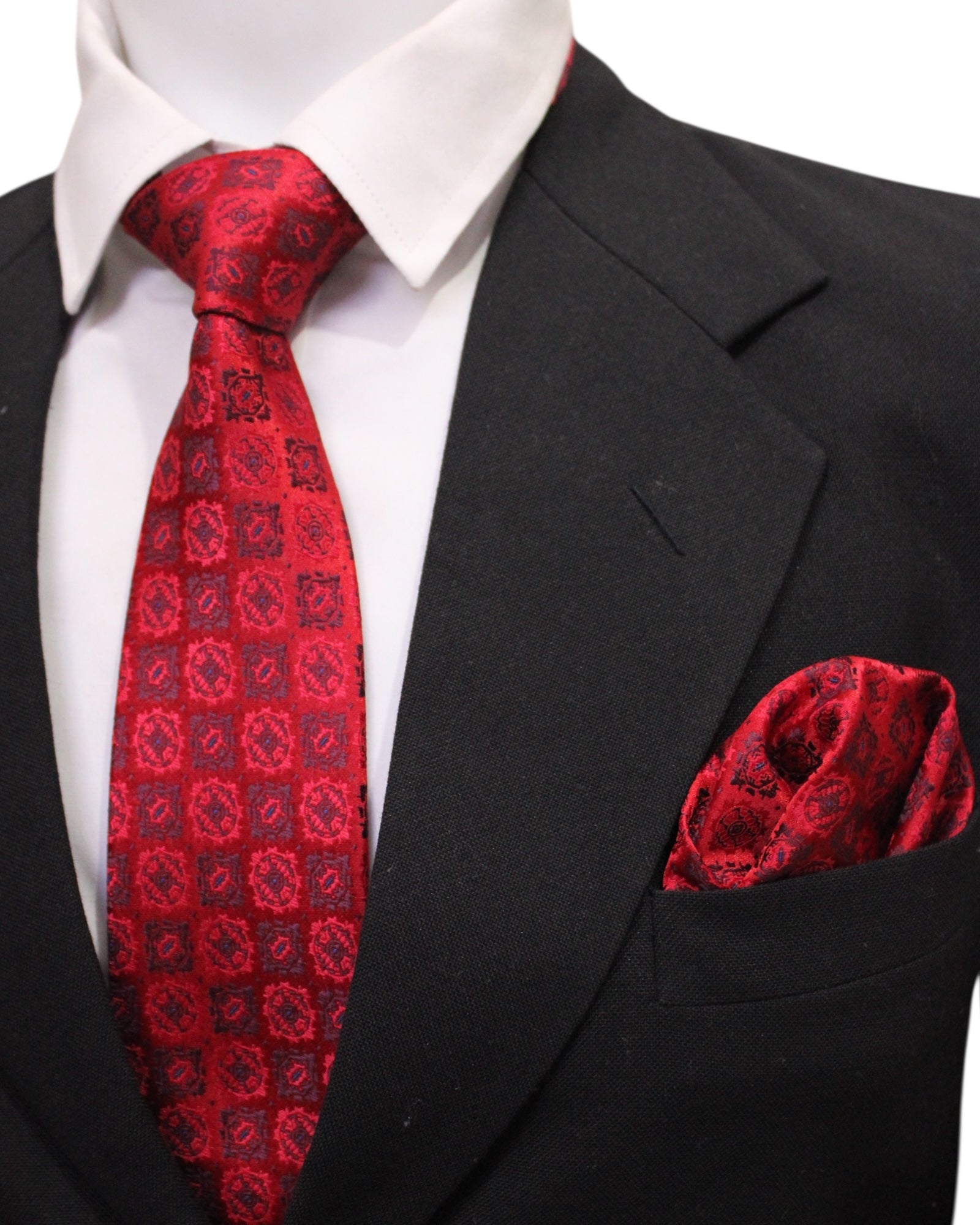 Crimson Red Medallion Microsilk Tie & Pocket Square Set