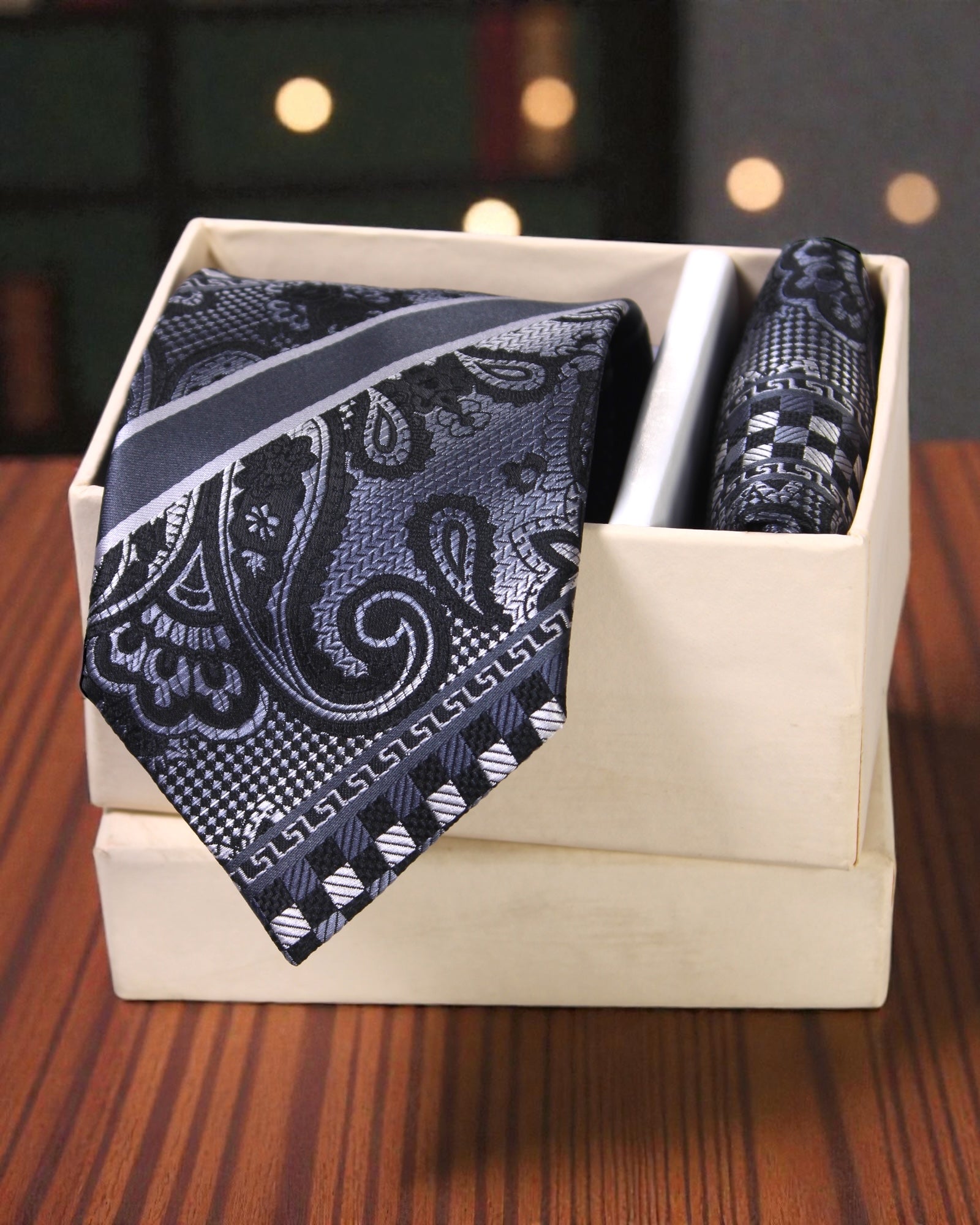 Black & Silver Paisley Microsilk Tie Set with Pocket Square