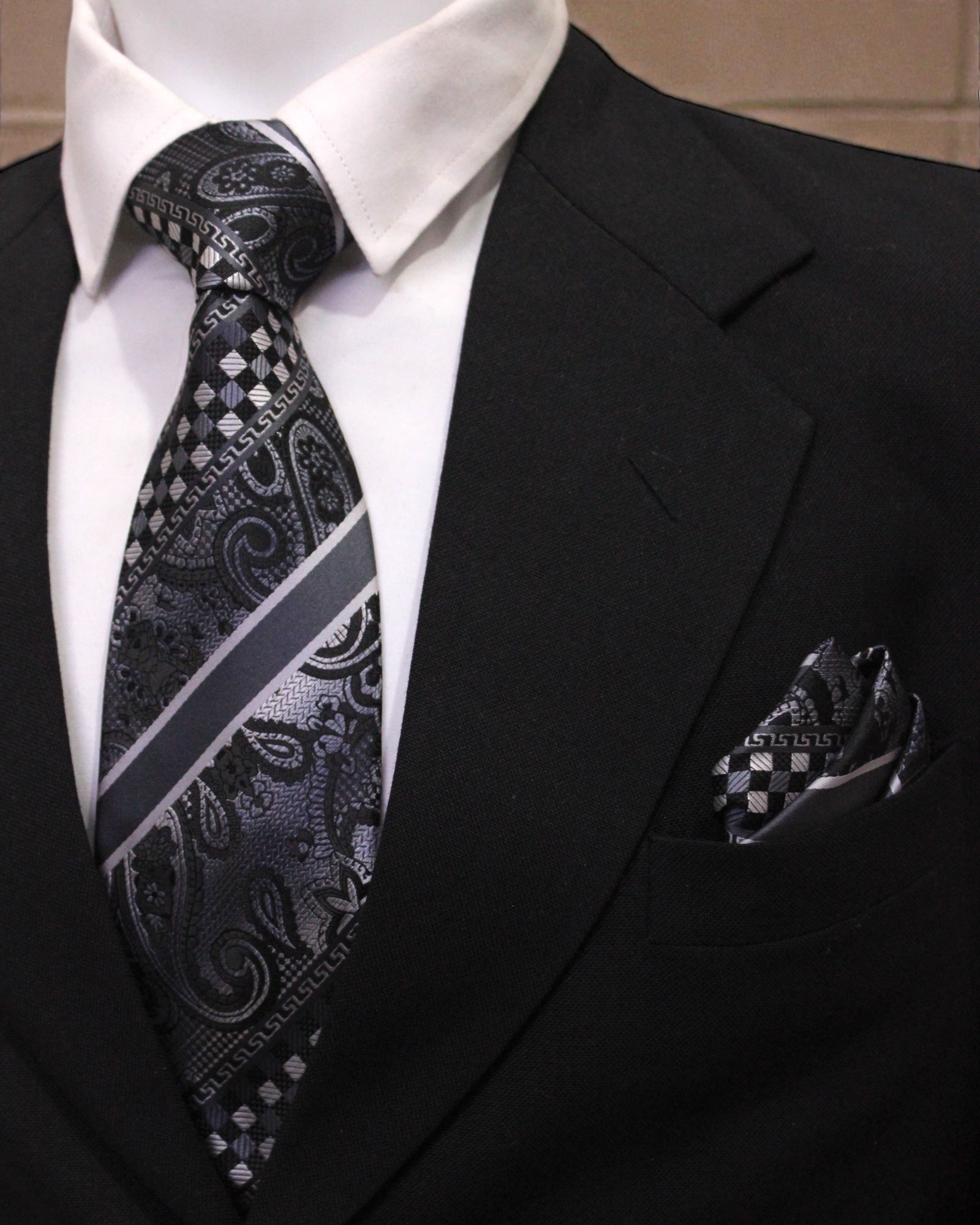 Black & Silver Paisley Microsilk Tie Set with Pocket Square