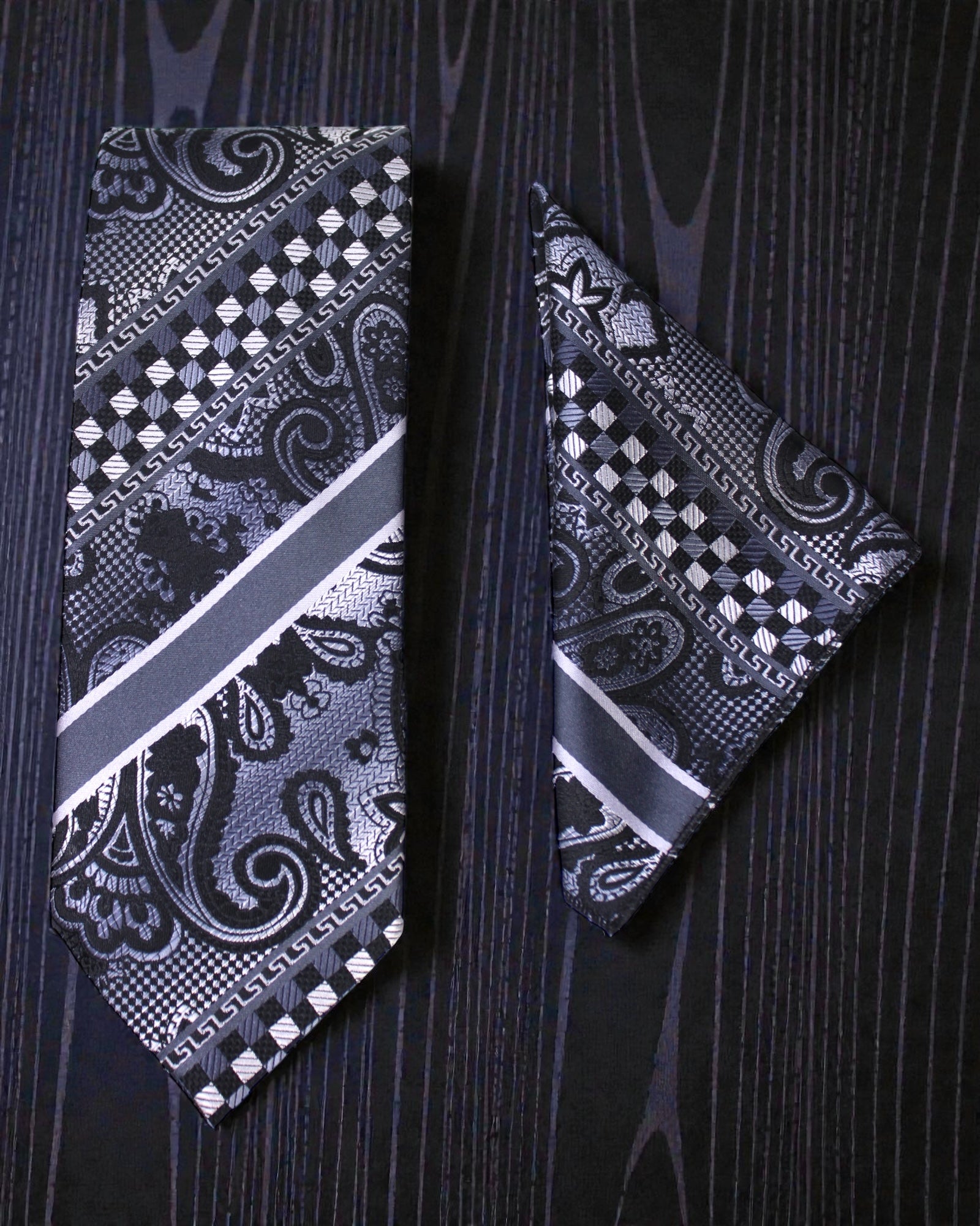 Black & Silver Paisley Microsilk Tie Set with Pocket Square