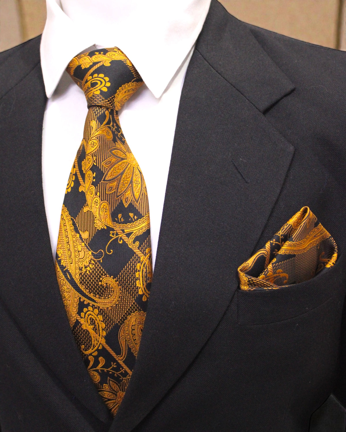 Black & Gold Paisley Microsilk Tie Set with Pocket Square