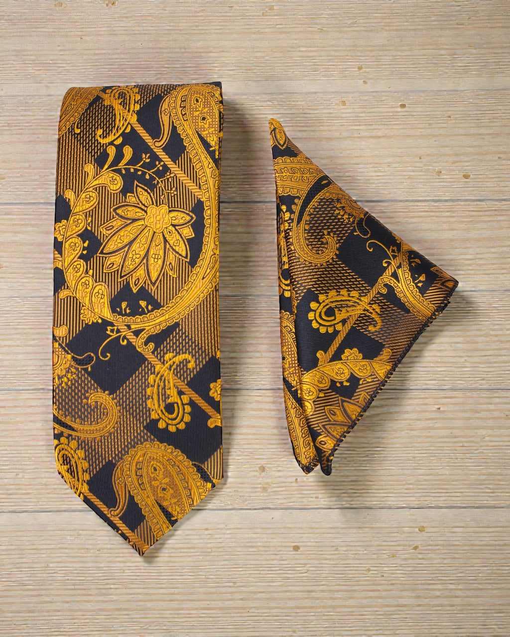 Black & Gold Paisley Microsilk Tie Set with Pocket Square