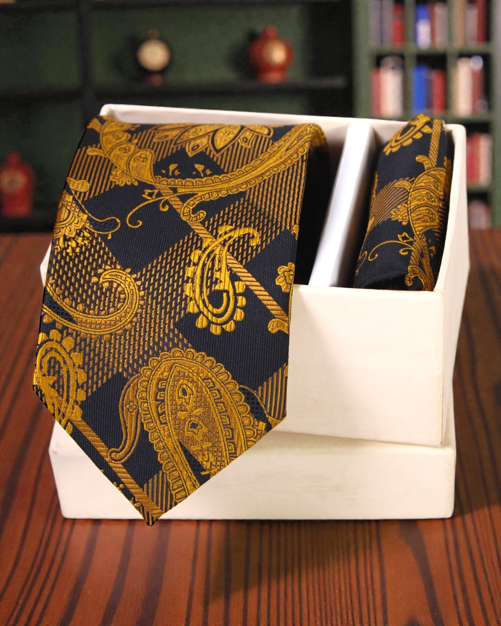 Black & Gold Paisley Microsilk Tie Set with Pocket Square