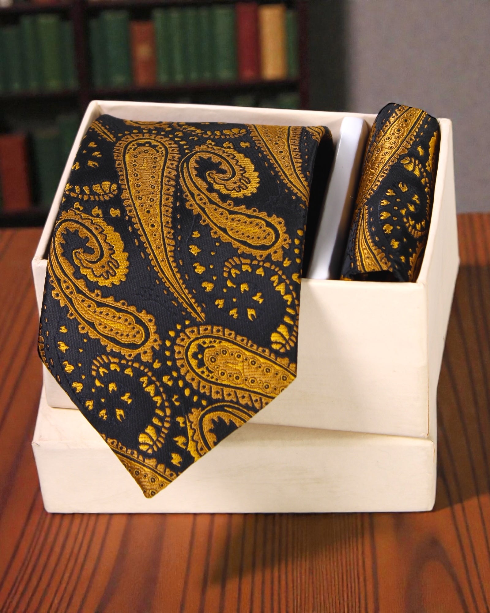 Black & Antique Gold Paisley Microsilk Tie Set with Pocket Square