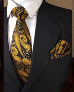 Black & Antique Gold Paisley Microsilk Tie Set with Pocket Square