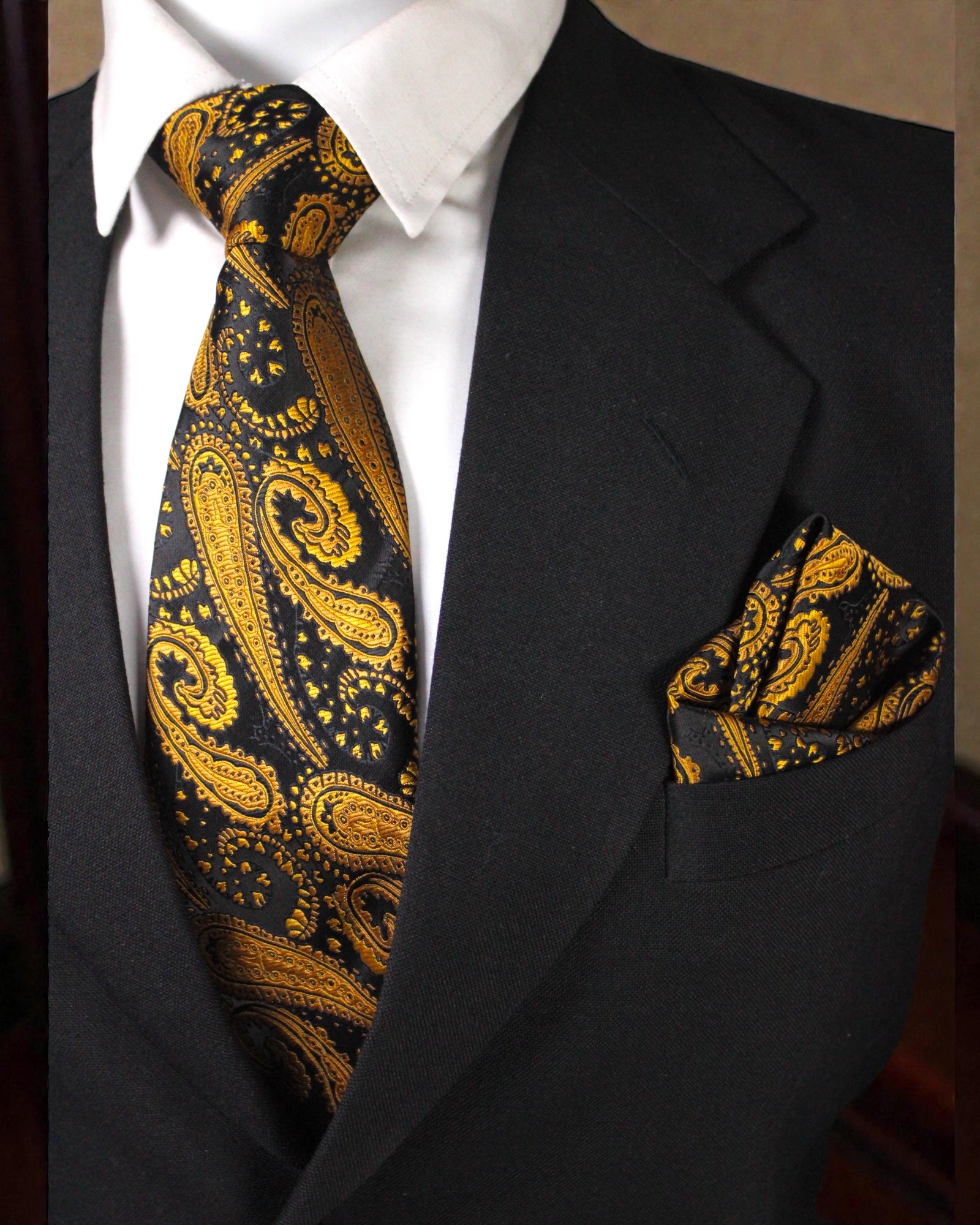 Black & Antique Gold Paisley Microsilk Tie Set with Pocket Square