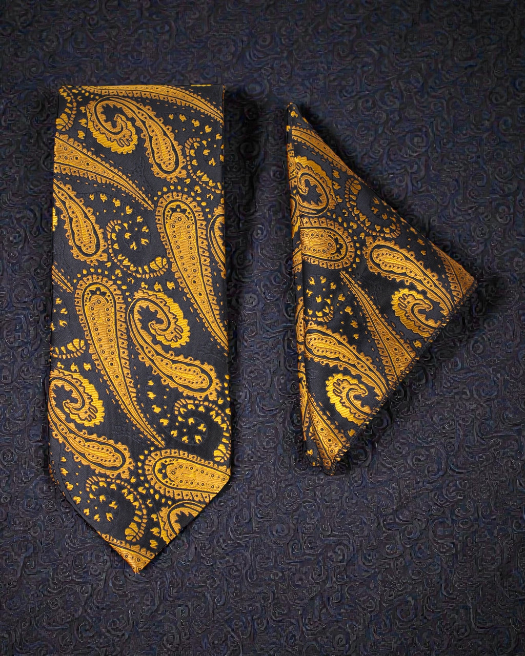 Black & Antique Gold Paisley Microsilk Tie Set with Pocket Square