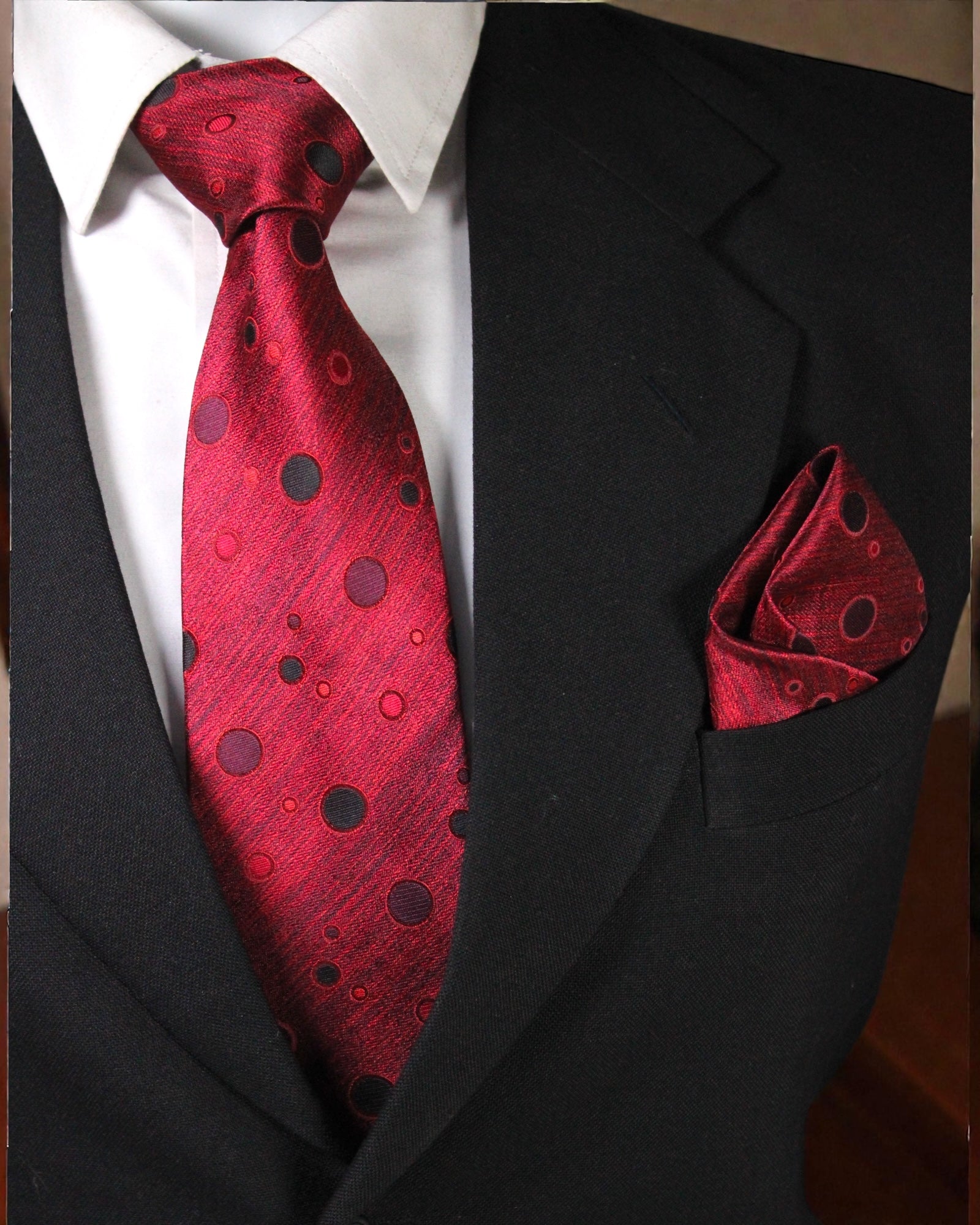 Red Polka Dot Microsilk Tie Set with Pocket Square