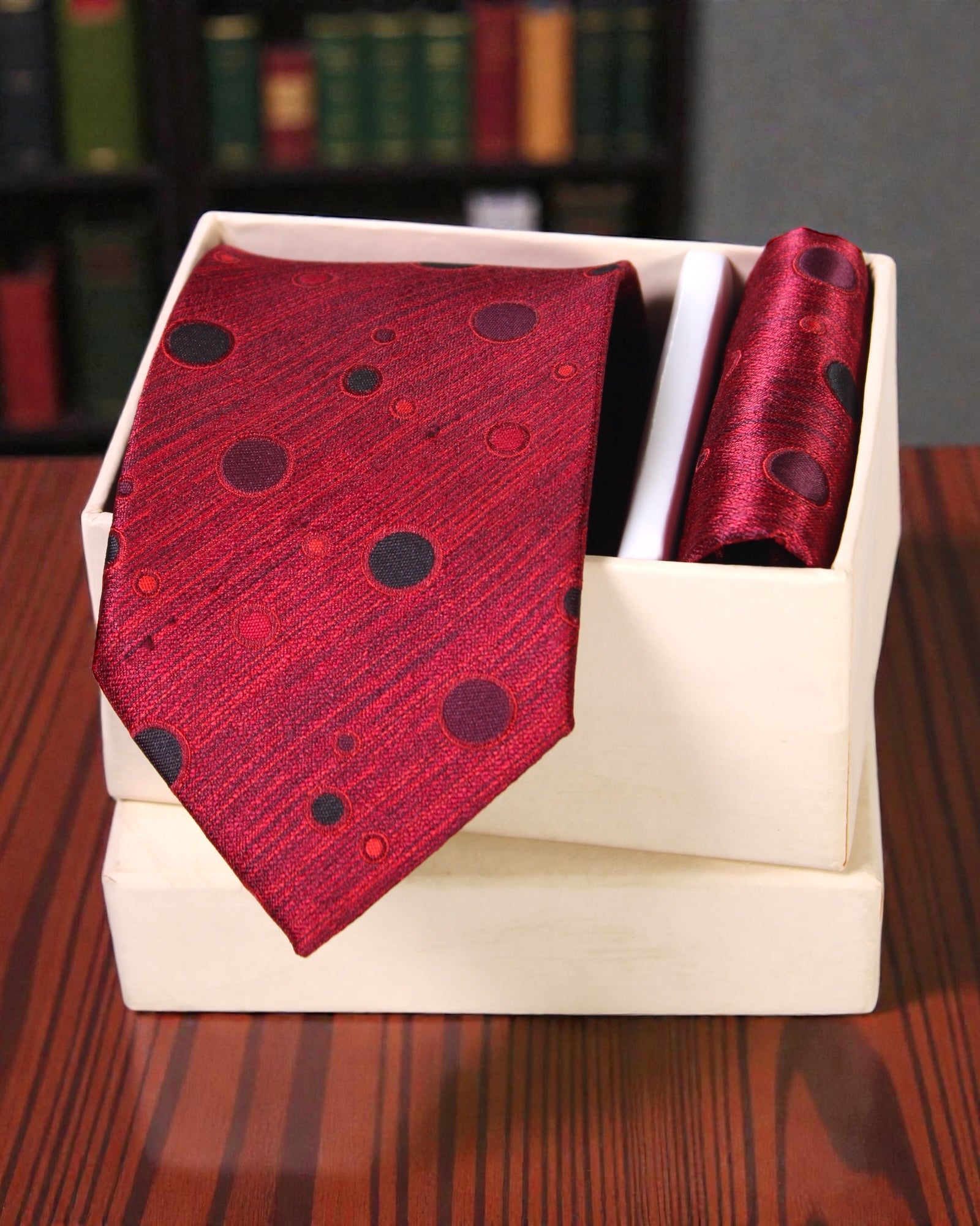 Red Polka Dot Microsilk Tie Set with Pocket Square