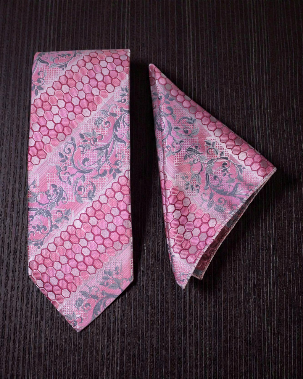 Pink Floral & Honeycomb Microsilk Tie Set with Pocket Square