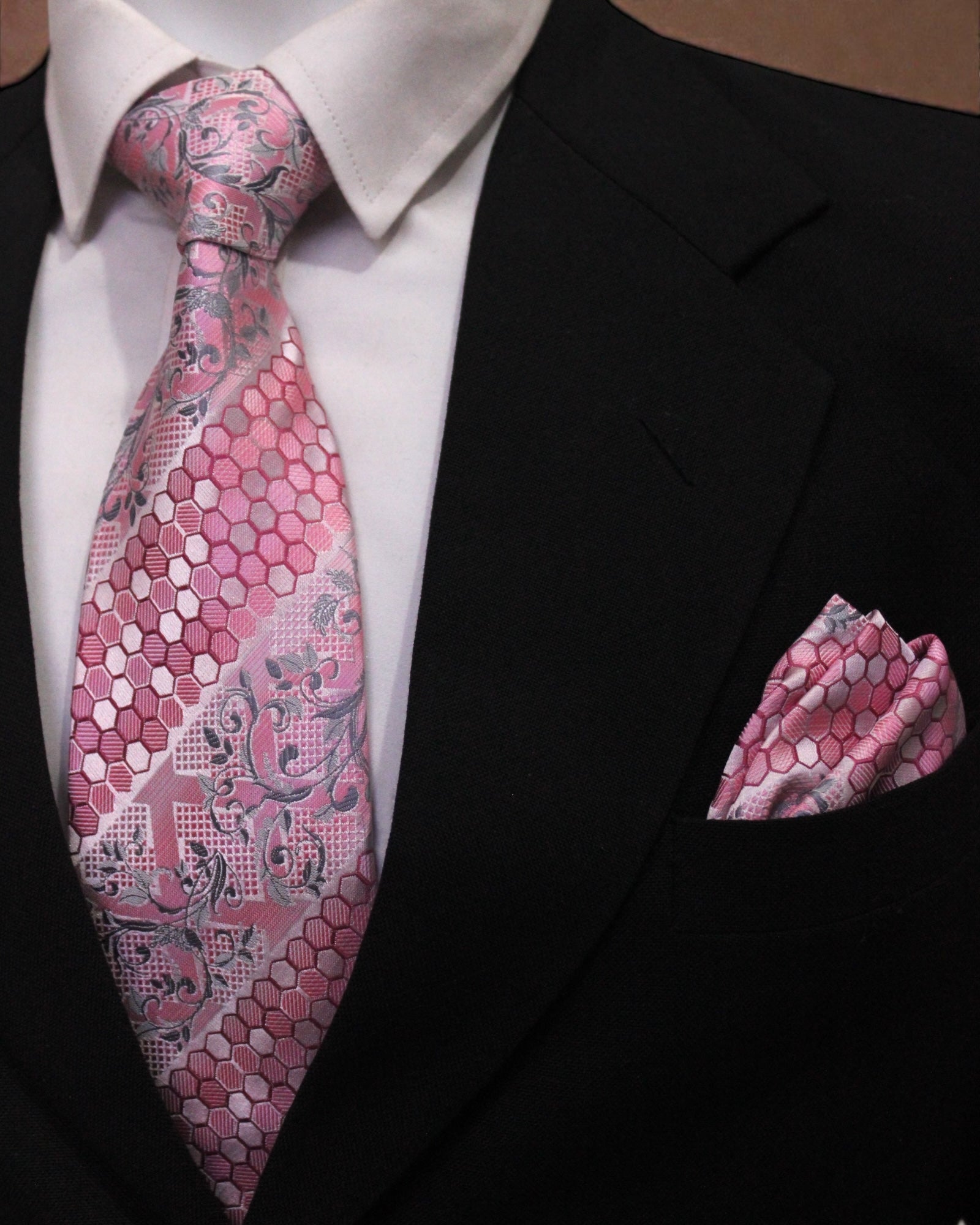 Pink Floral & Honeycomb Microsilk Tie Set with Pocket Square