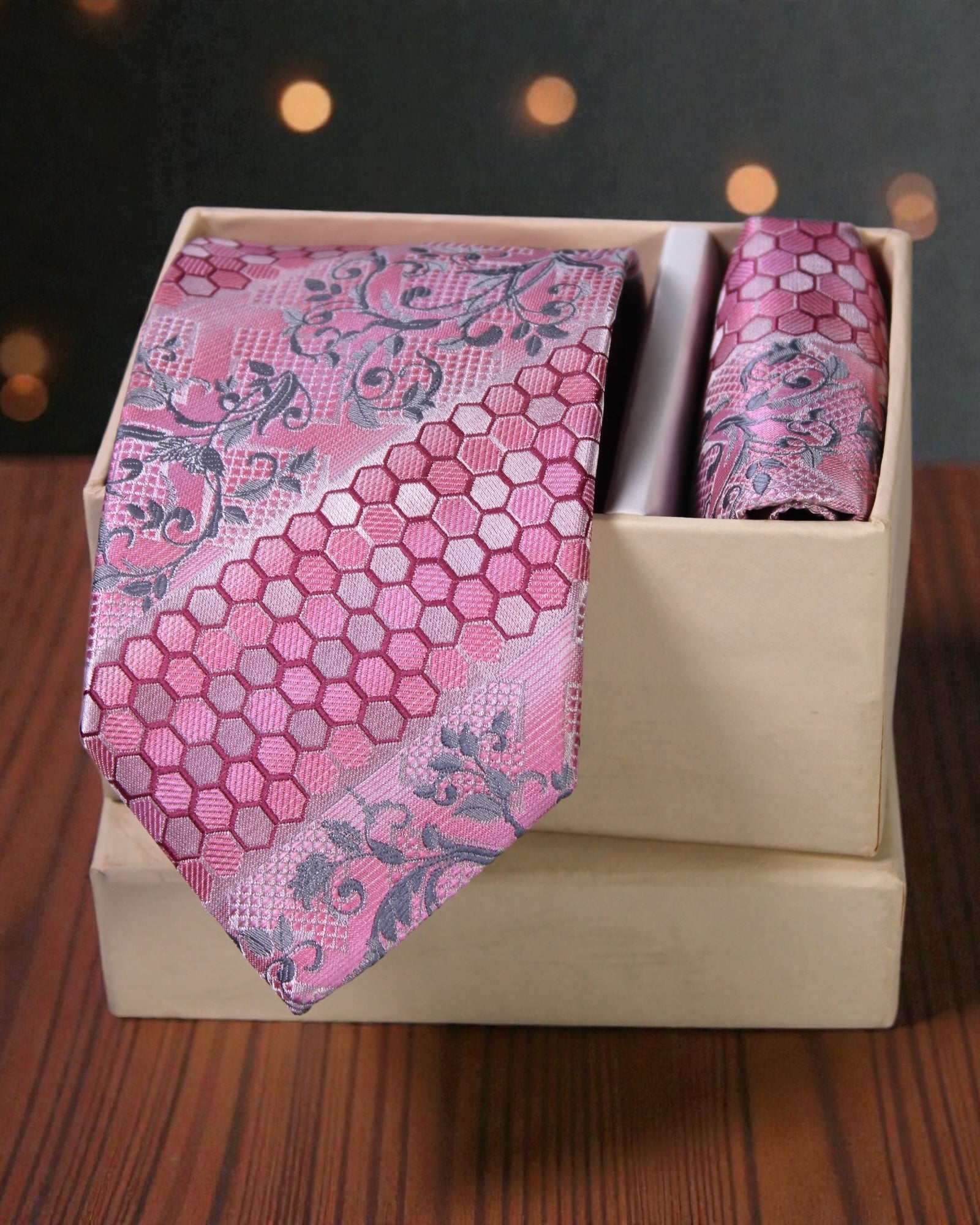 Pink Floral & Honeycomb Microsilk Tie Set with Pocket Square