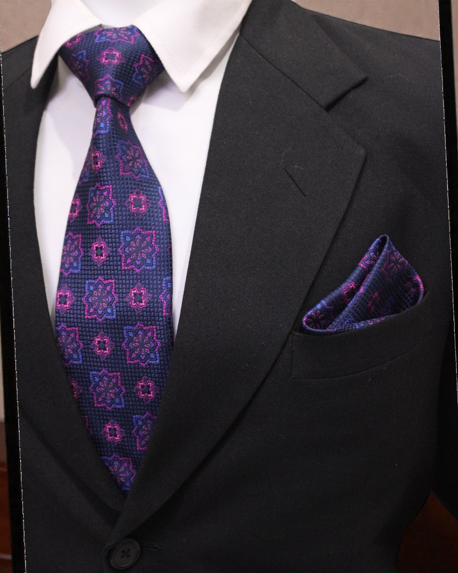 Navy Blue & Magenta Floral Microsilk Tie Set with Pocket Square