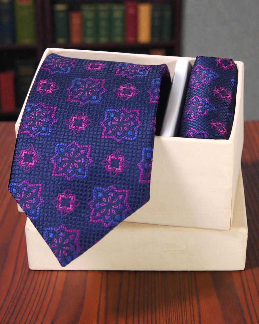 Navy Blue & Magenta Floral Microsilk Tie Set with Pocket Square