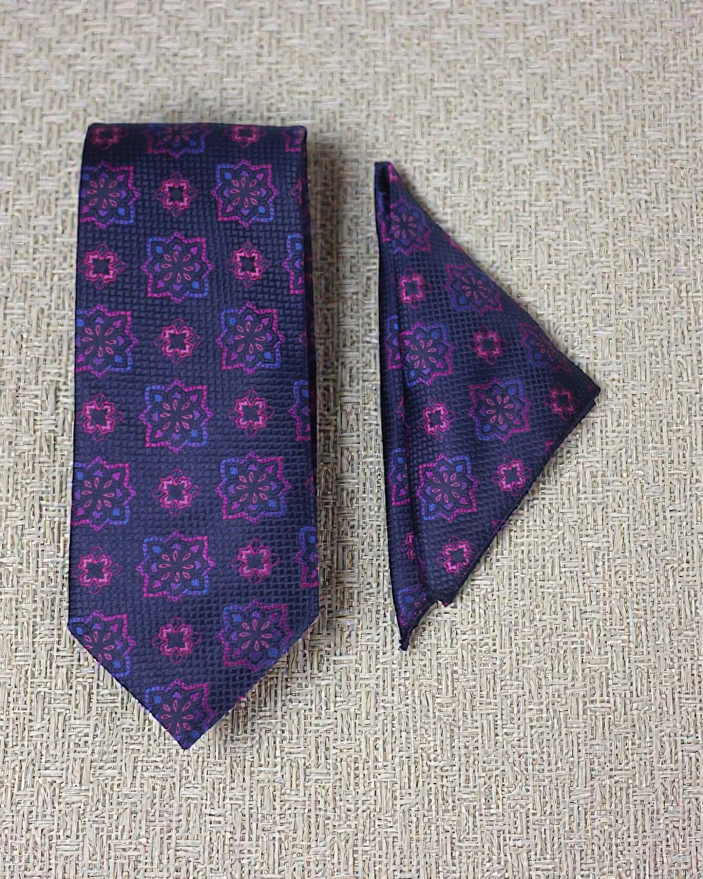 Navy Blue & Magenta Floral Microsilk Tie Set with Pocket Square