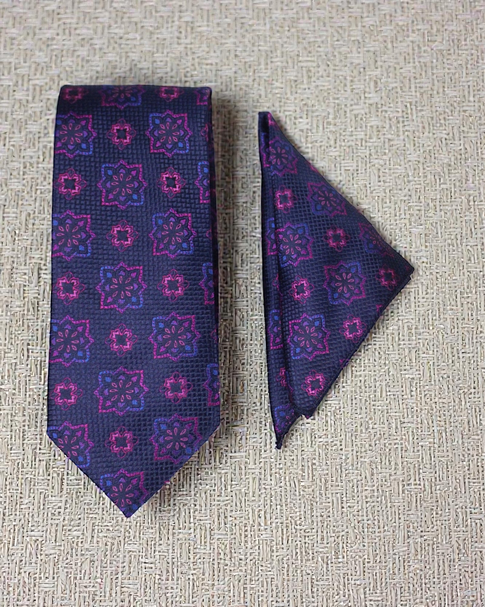 Navy Blue & Magenta Floral Microsilk Tie Set with Pocket Square