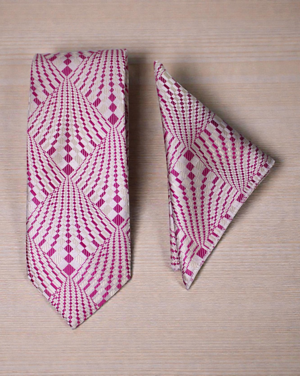Silver & Magenta Geometric Microsilk Tie Set with Pocket Square