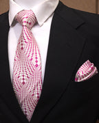 Silver & Magenta Geometric Microsilk Tie Set with Pocket Square