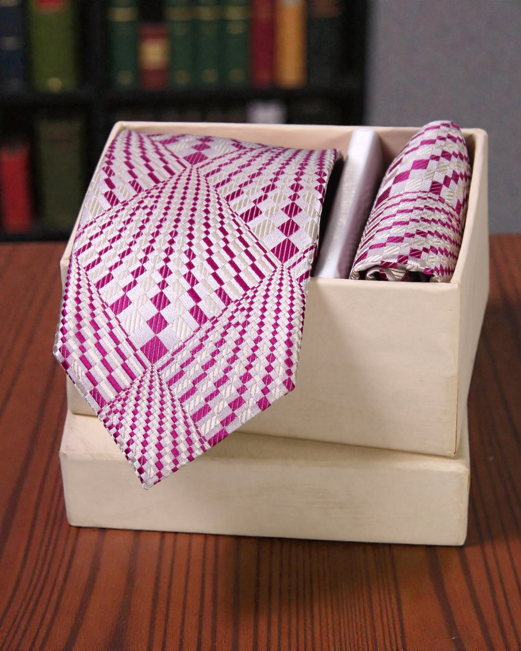Silver & Magenta Geometric Microsilk Tie Set with Pocket Square