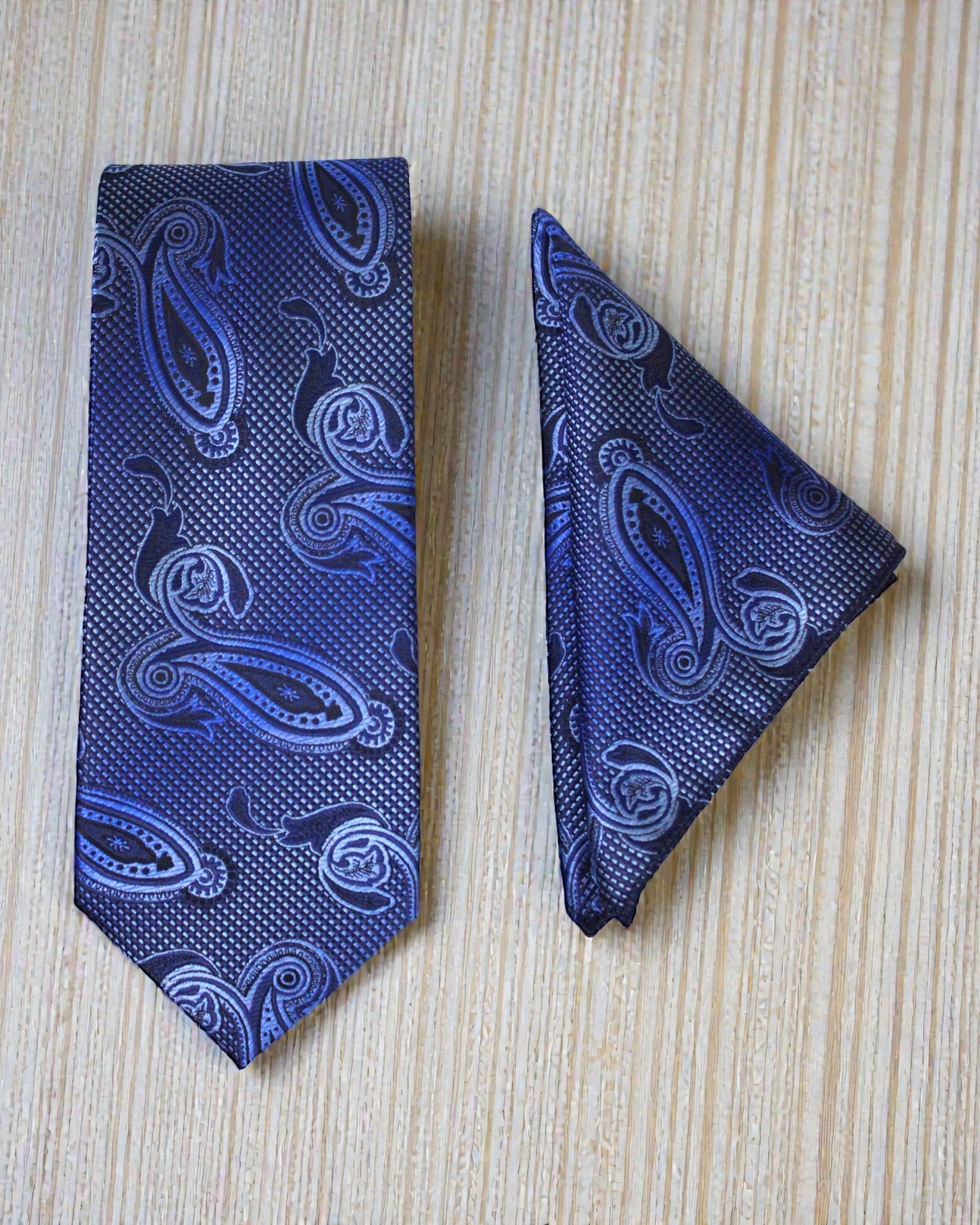 Classic Blue Paisley Microsilk Tie Set with Pocket Square