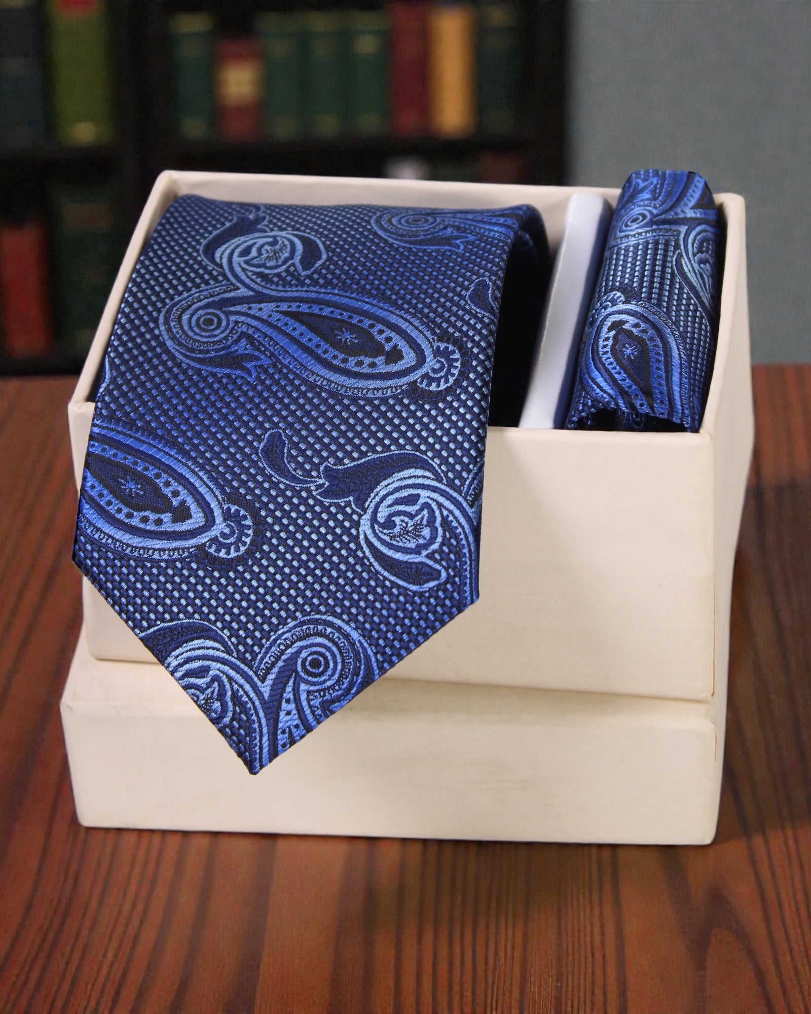 Classic Blue Paisley Microsilk Tie Set with Pocket Square