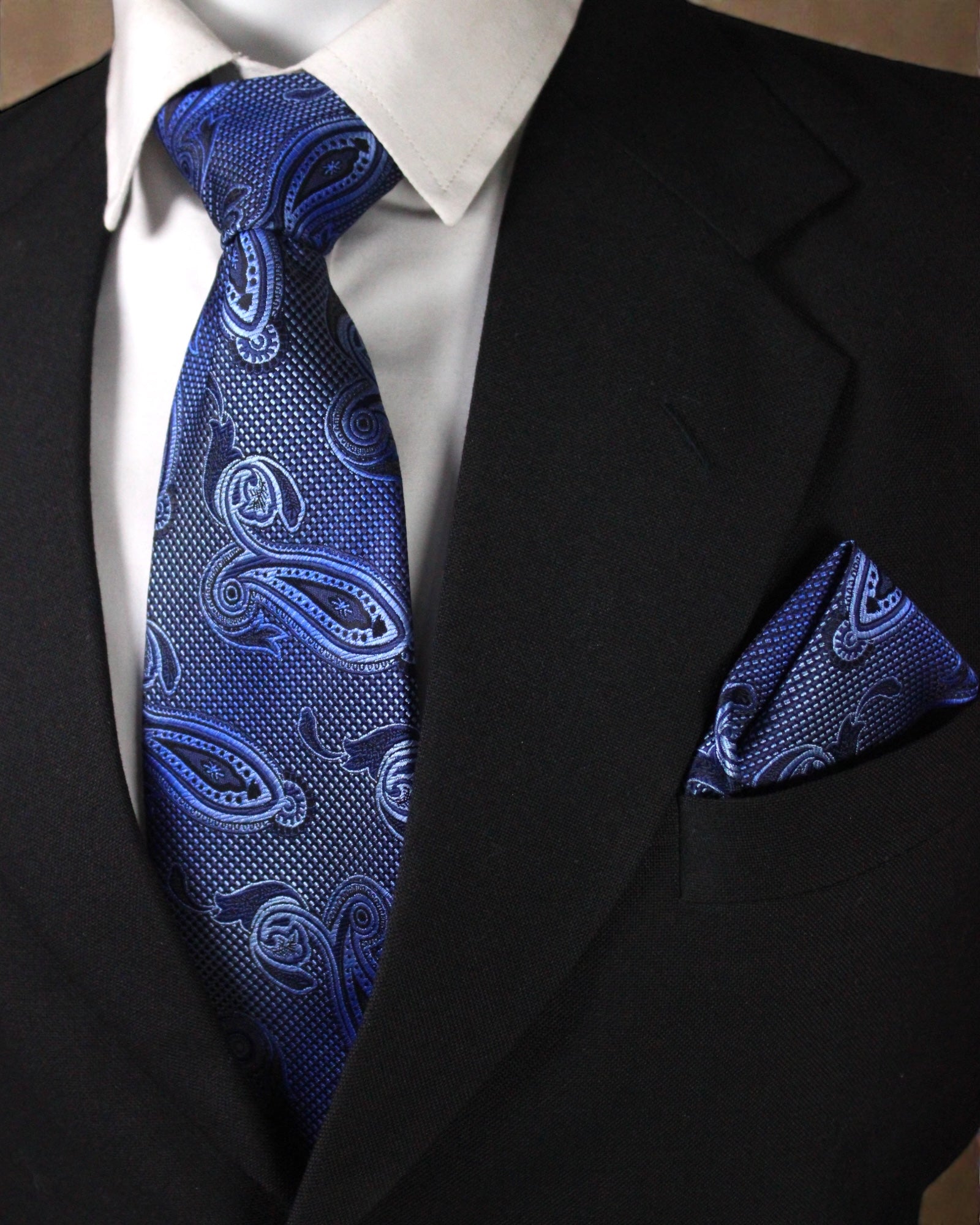 Classic Blue Paisley Microsilk Tie Set with Pocket Square