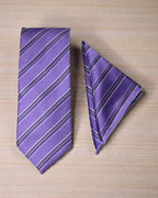 Premium Purple Striped Microsilk Tie Set with Pocket Square