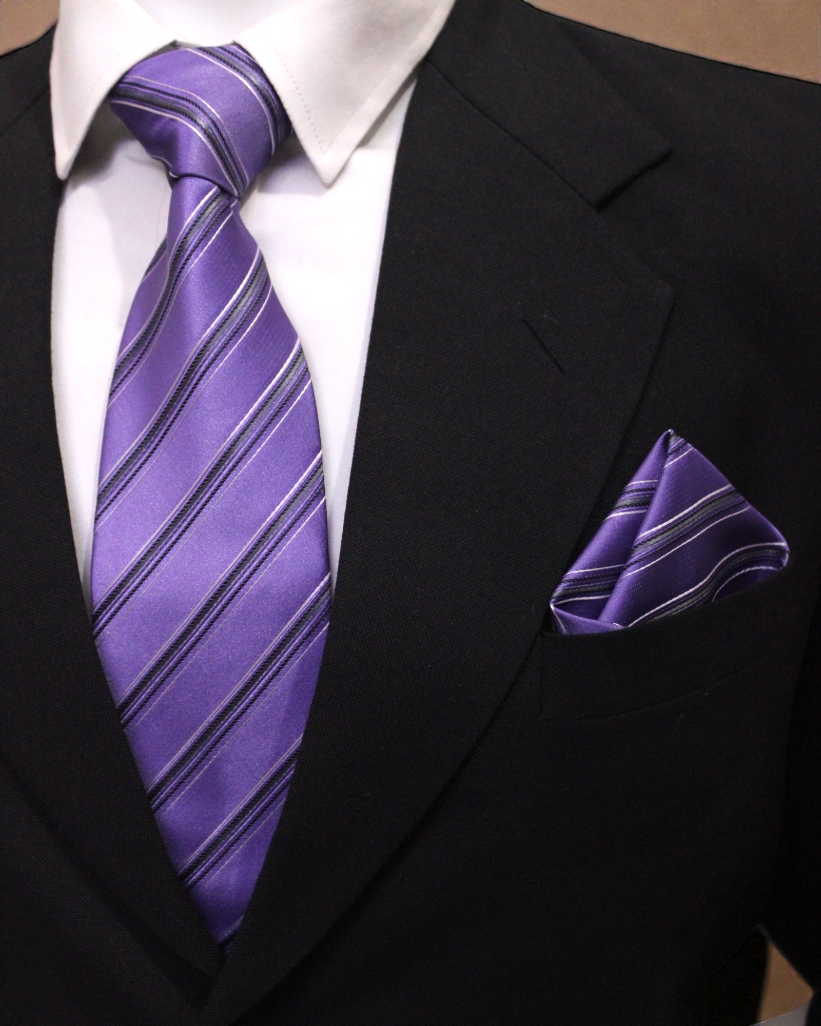 Premium Purple Striped Microsilk Tie Set with Pocket Square