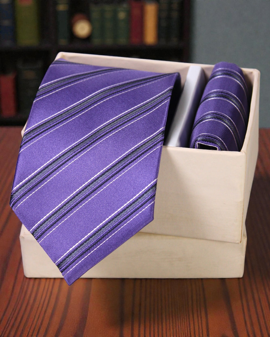 Premium Purple Striped Microsilk Tie Set with Pocket Square