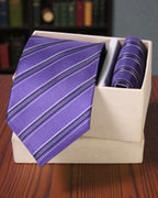 Premium Purple Striped Microsilk Tie Set with Pocket Square