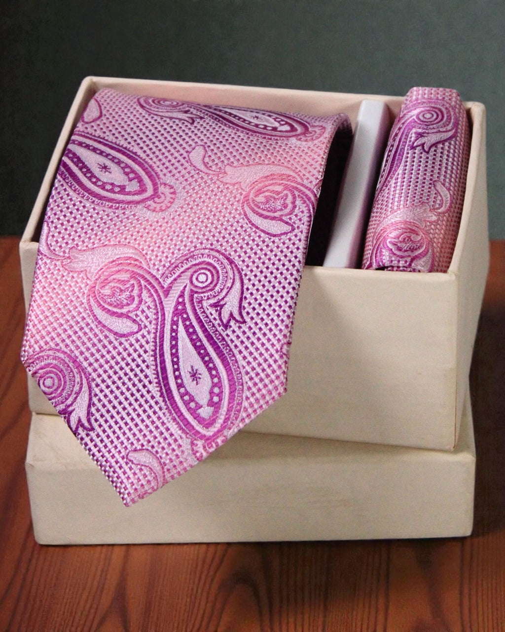 Luxury Pink Paisley Microsilk Tie Set with Pocket Square