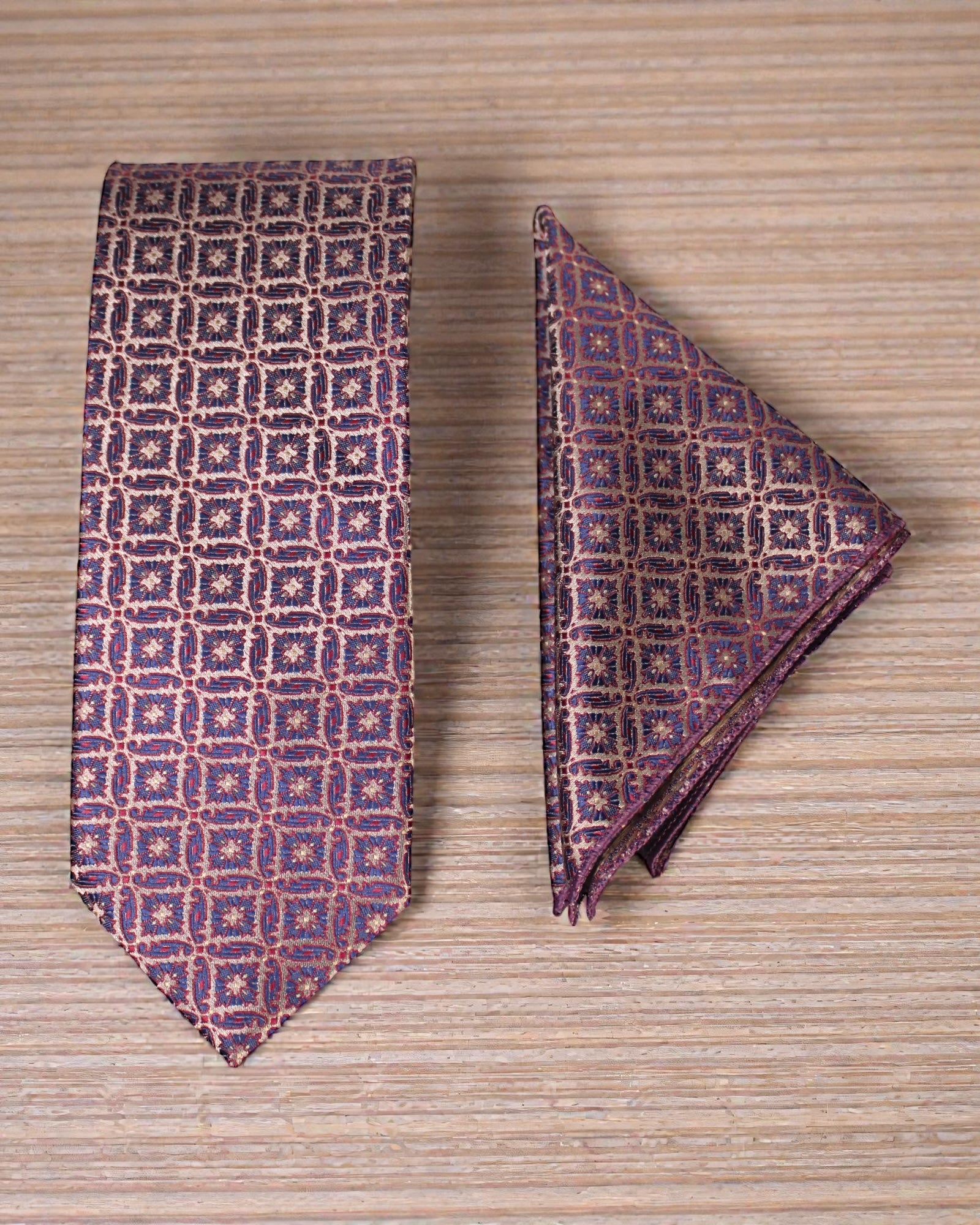 Navy Blue & Red Geometric Microsilk Tie Set with Pocket Square