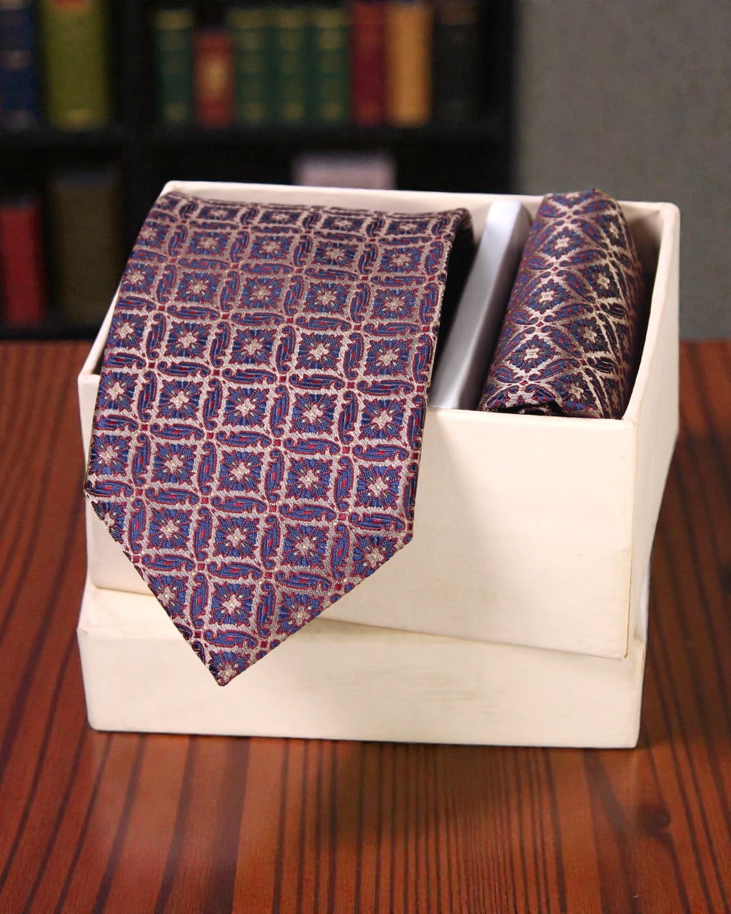 Navy Blue & Red Geometric Microsilk Tie Set with Pocket Square