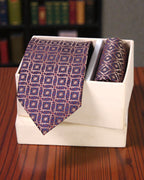 Navy Blue & Red Geometric Microsilk Tie Set with Pocket Square