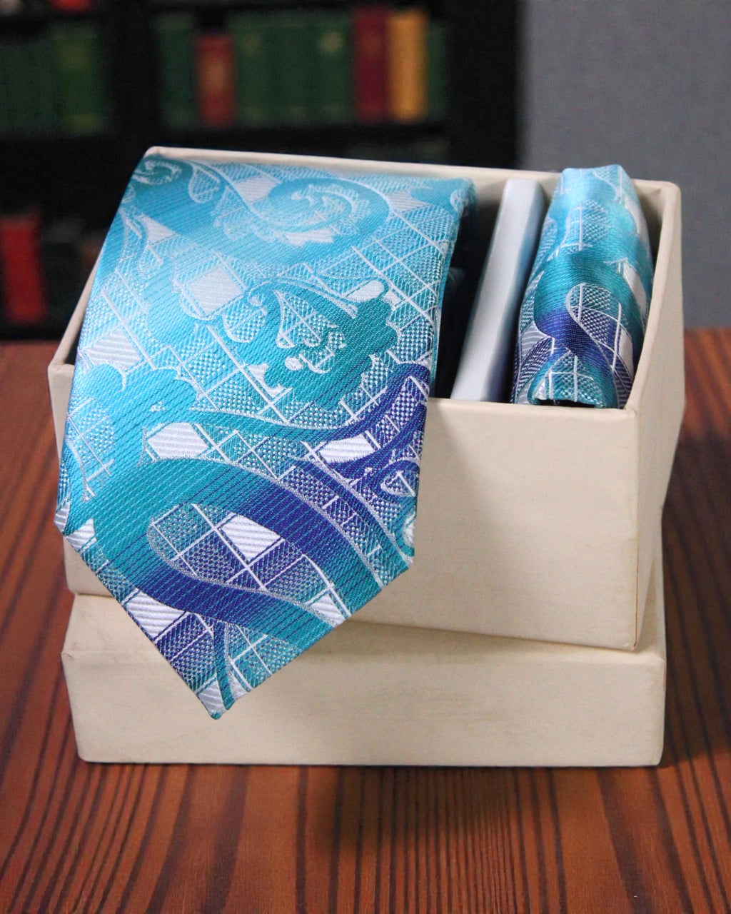 Aqua Blue Abstract Pattern Microsilk Tie Set with Pocket Square