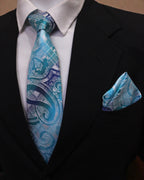 Aqua Blue Abstract Pattern Microsilk Tie Set with Pocket Square