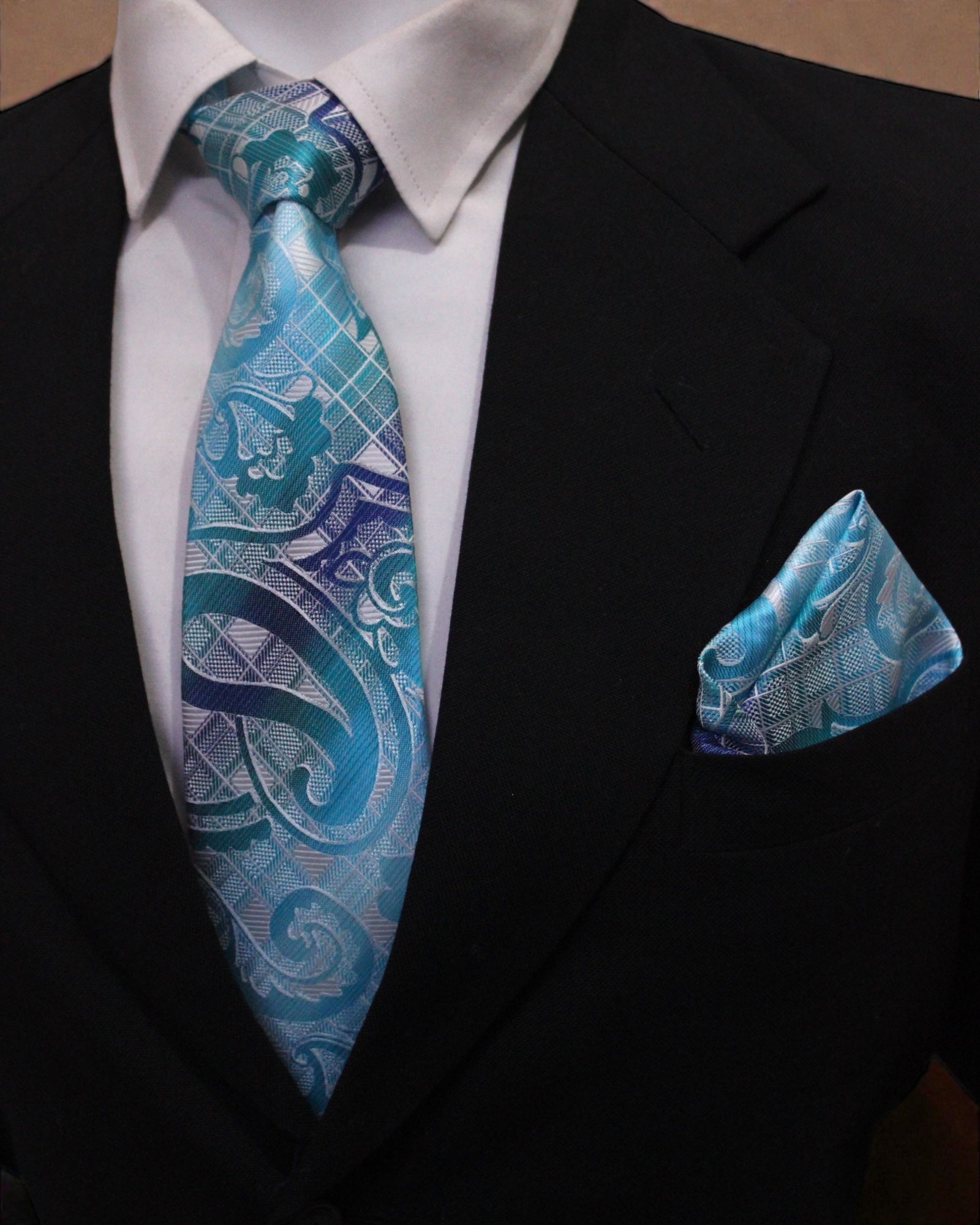 Aqua Blue Abstract Pattern Microsilk Tie Set with Pocket Square