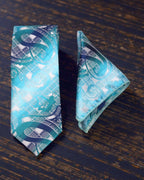 Aqua Blue Abstract Pattern Microsilk Tie Set with Pocket Square