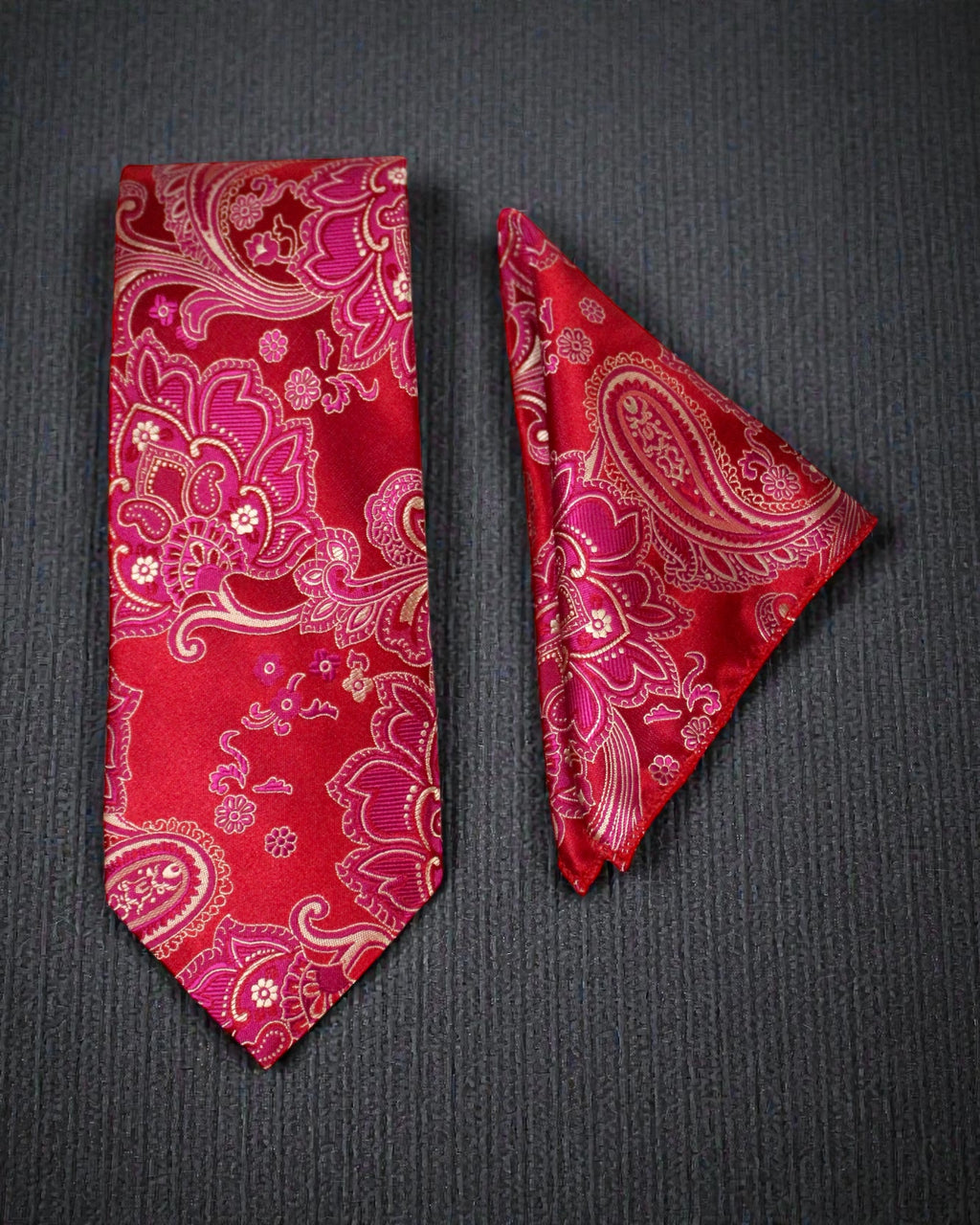 Red & Magenta Paisley Microsilk Tie Set with Pocket Square