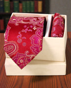 Red & Magenta Paisley Microsilk Tie Set with Pocket Square