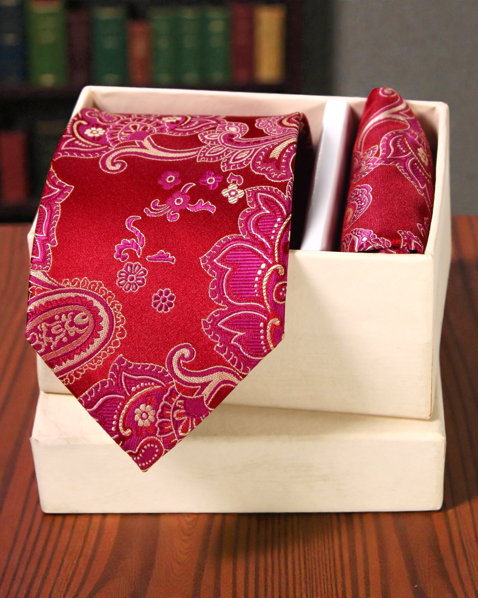Red & Magenta Paisley Microsilk Tie Set with Pocket Square